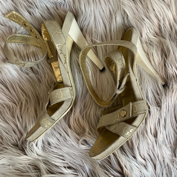Gucci Gold Monogram Suede Ankle Strap Heels - Picture 2 of 11